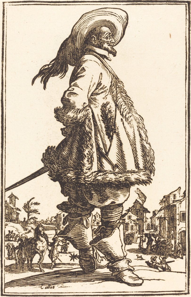 Nemes férfi bundával nyírt köpennyel, kezét a háta mögött tartja alkotó: After Jacques Callot