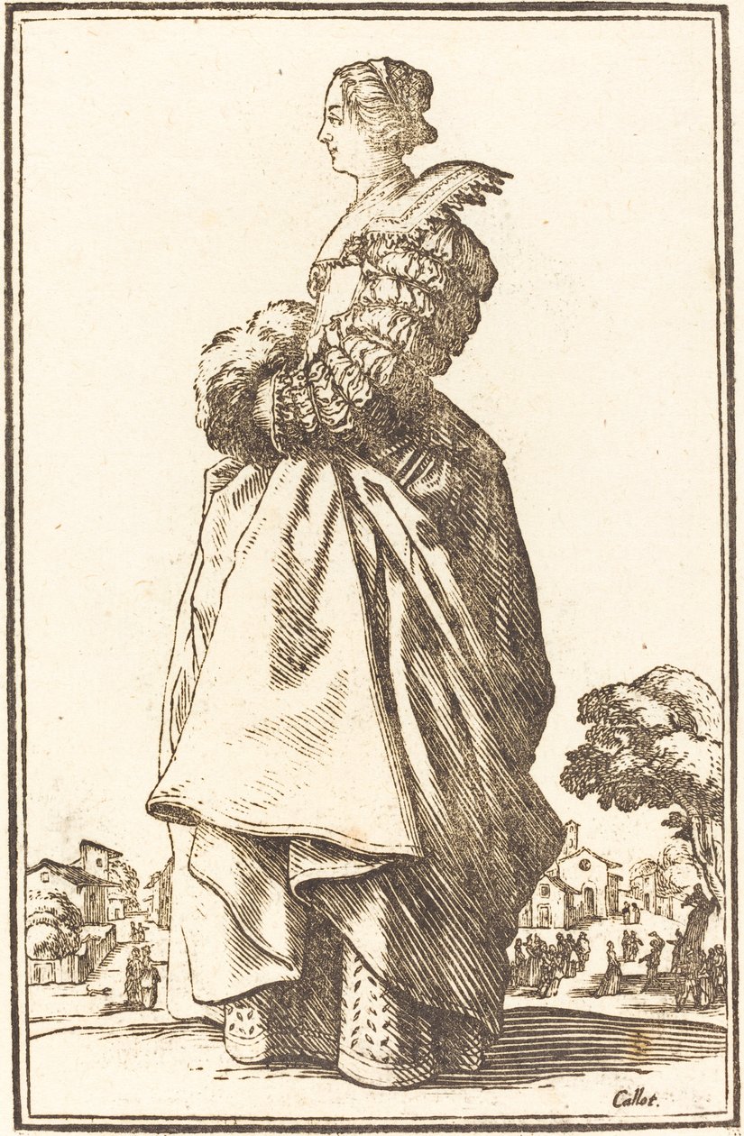 Nemes nő profilban, kezével egy muffban alkotó: After Jacques Callot