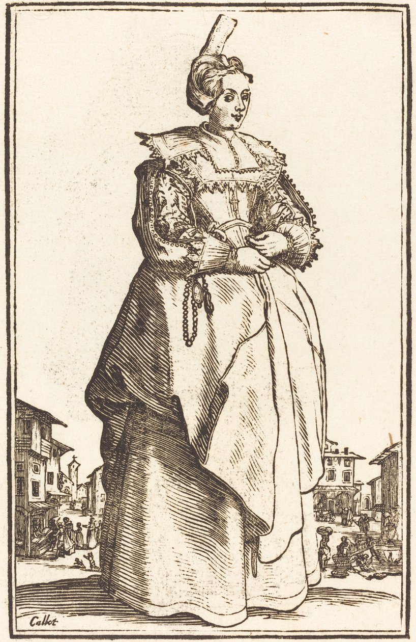 Nemes nő kis kalappal alkotó: After Jacques Callot