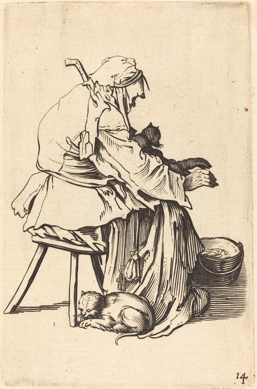 Öregasszony macskákkal alkotó: After Jacques Callot