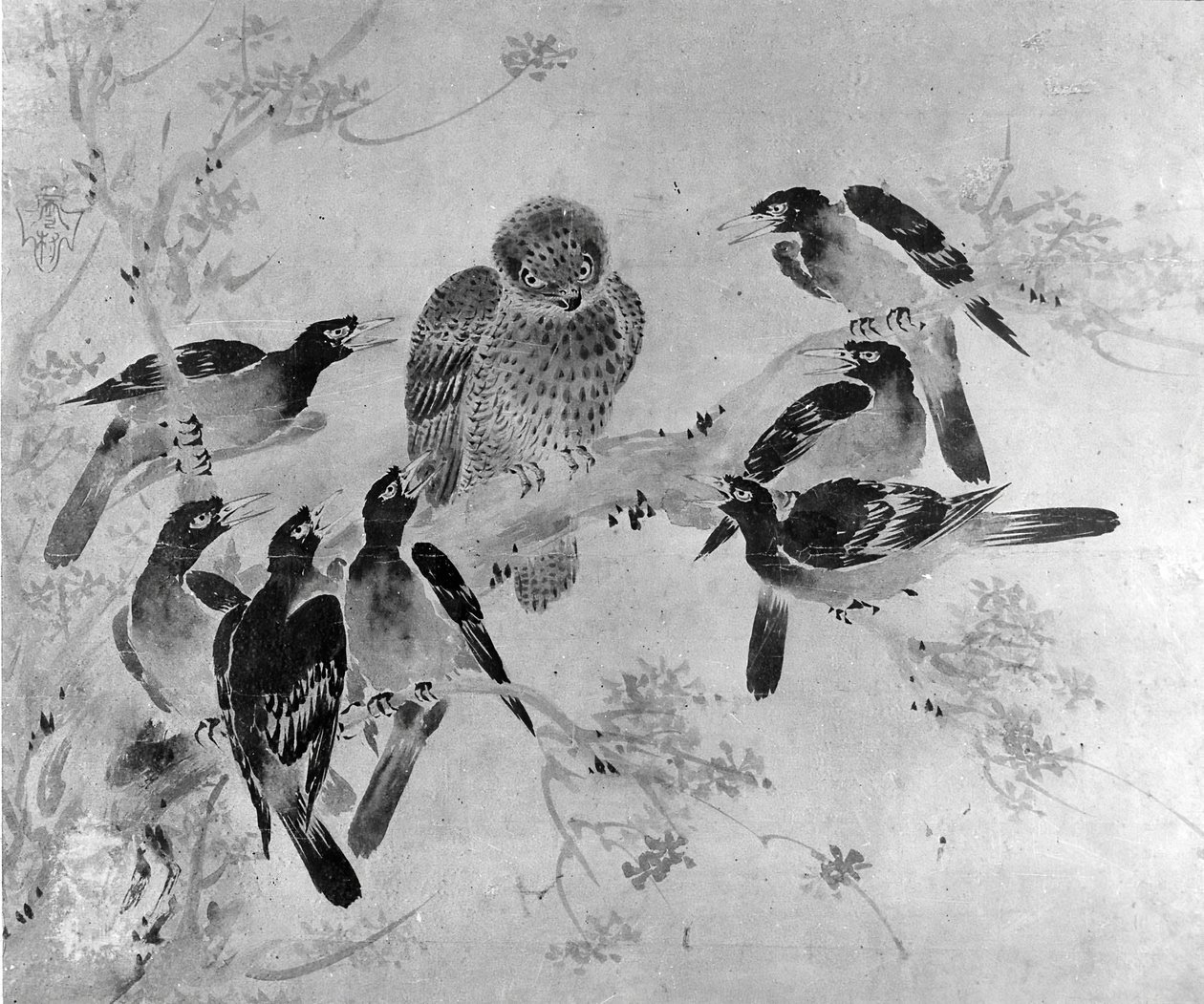 Mynah Birds támadó baglyot, valószínűleg 19. század. alkotó: after Sesson Shūkei