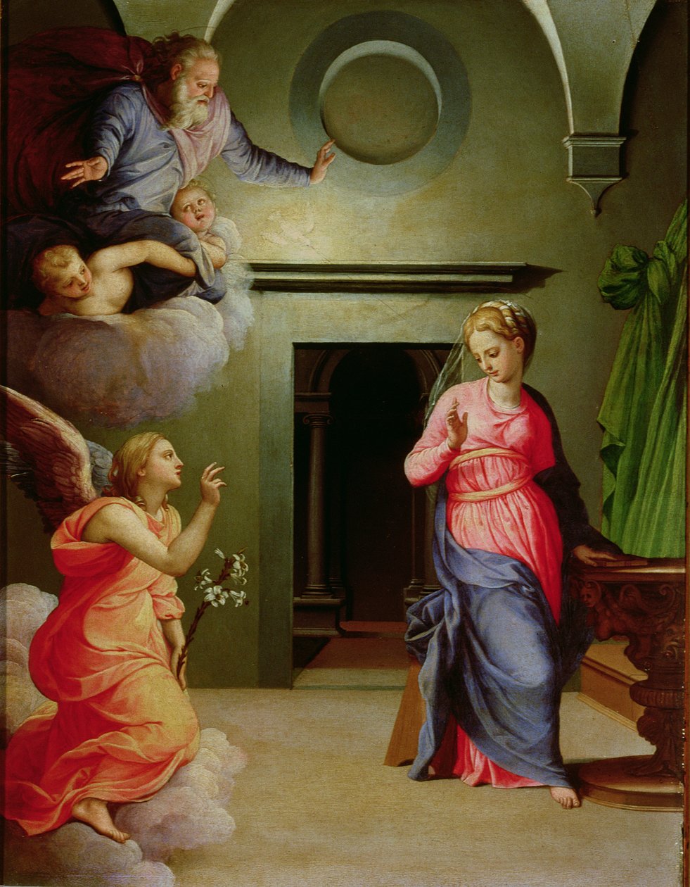 Az örömhírdetés (tempera, tábla) alkotó: Agnolo Bronzino