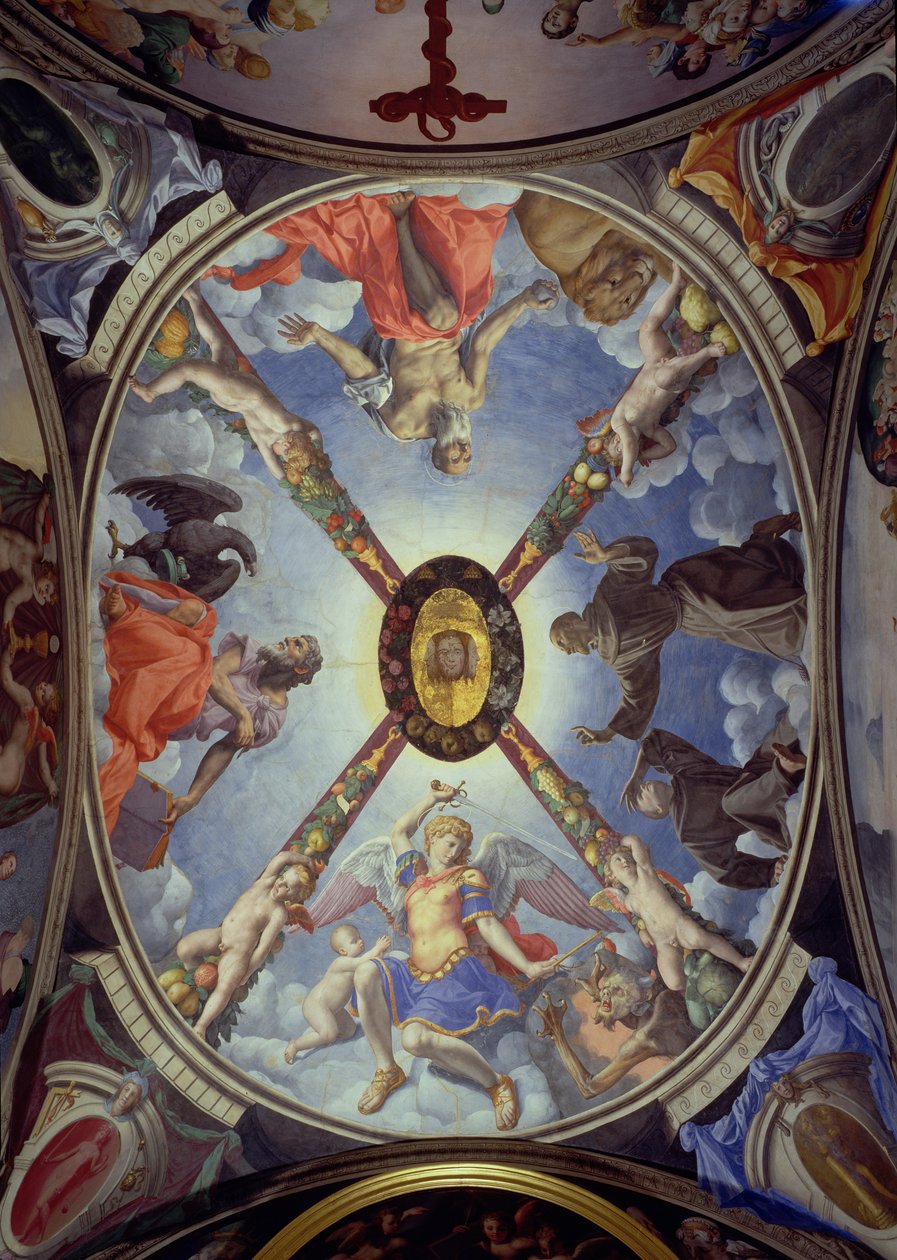 The ceiling of the Chapel of Eleonora of Toledo depicting St. Michael Archangel conquering Satan; St. John the Evangelist; St. Jerome; and St. Francis receiving the stigmata, 1555  alkotó: Agnolo Bronzino