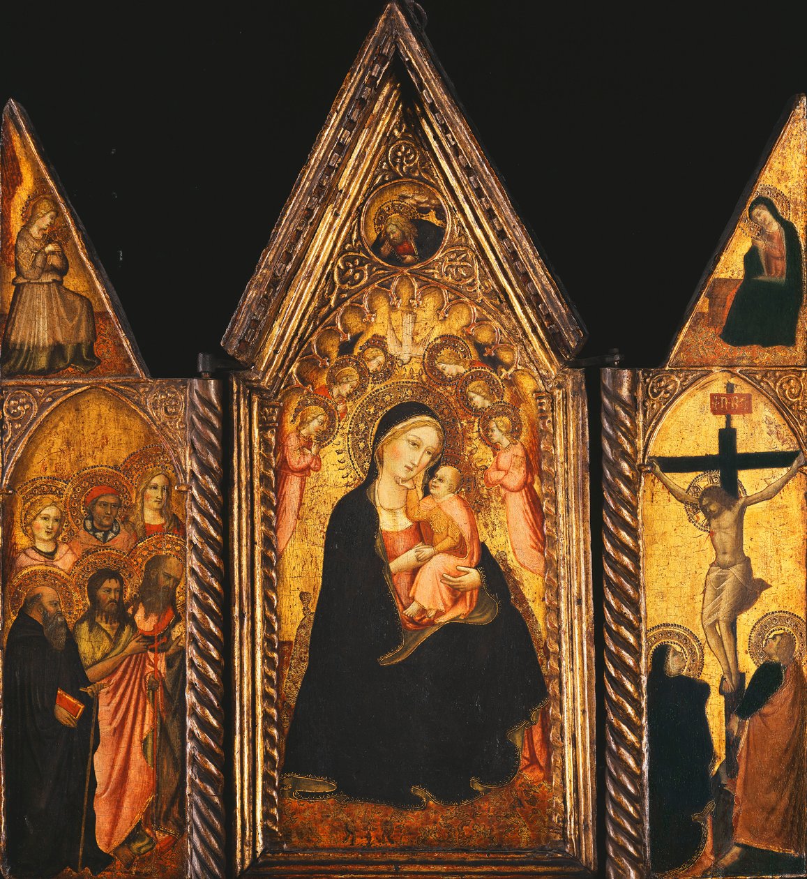 Hordozható triptichon Madonnával és Angyalokkal trónoló gyermekkel, alkotó: Agnolo Gaddi