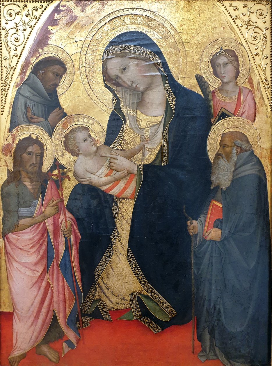 Német: Maria mit dem Kind und den Heiligen Johannes der Täufer, Franziskus, Antonius Abbas und einer weiblichen Märtyrerin Madonna a gyermekkel, Keresztelő Szent János, Szent Ferenc és Szent Antal és egy vértanú. alkotó: Agnolo Gaddi