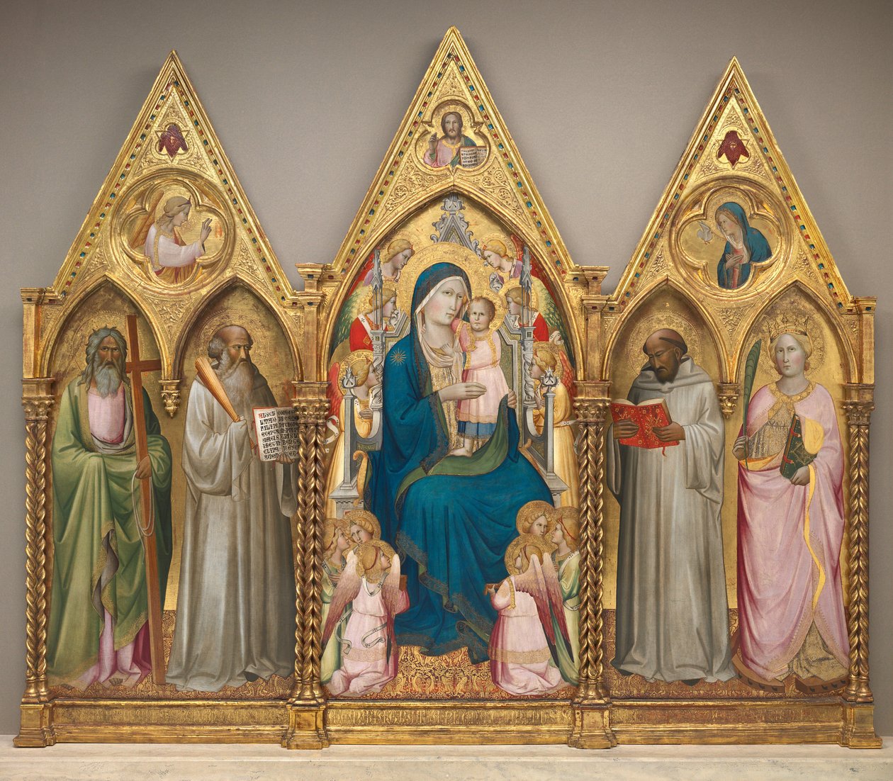 Madonna és gyermeke Szent Andrással, Benedekkel, Bernárddal és Alexandriai Katalin angyalokkal [teljes triptichon] alkotó: Agnolo Gaddi