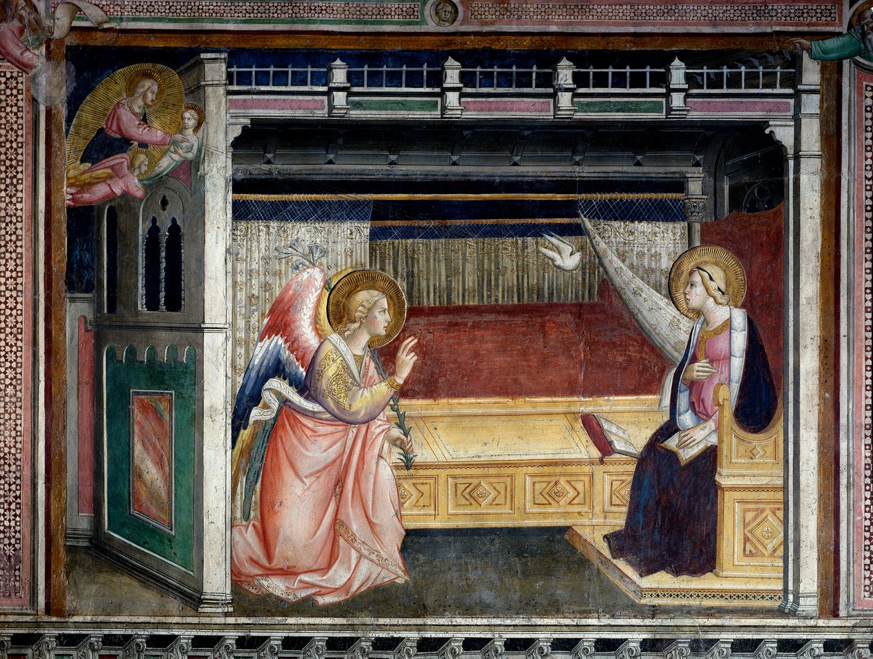 Agnolo Gaddi (1350-1396) Angyali üdvözlet freskója, 14. századi Prato, Cathedrale, Cappella del Sacro Cingolo alkotó: Agnolo Gaddi