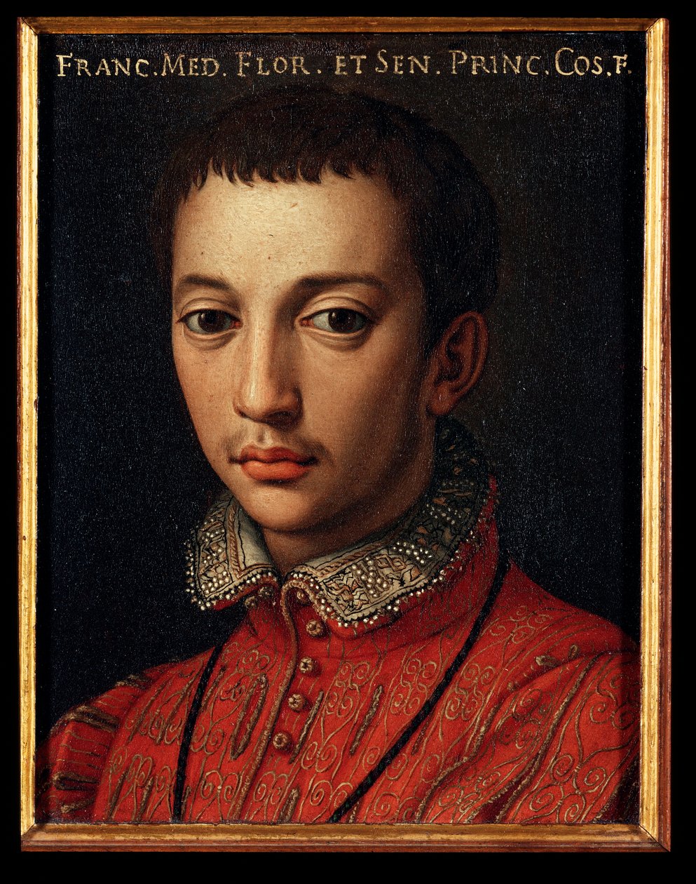 I. Medici Francois portréja (Francesco I de Medici) (1541-1587) Allori Angelo di Cosimo dit Bronzino (1503-1572) fiatal fiú festménye (1503-1572) 16. század V 15x12 cm Medici-Riccardi palota (Medici Riccardi) Firenze alkotó: Agnolo Bronzino