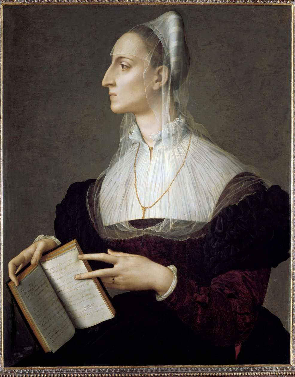 Laura Battiferri olasz költőnő portréja Petrarka szonettjeit olvasva (olaj, tábla alkotó: Agnolo Bronzino