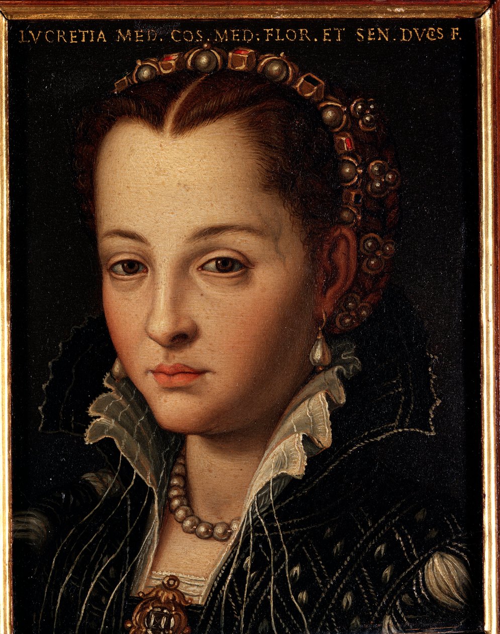 Lucrezia de Medici (vagy Lucrezia di Cosimo de Medici vagy Lucrece de Medici) portréja (1545-1561) Allori Angelo di Cosimo dit Bronzino festménye (1503-1572) - 16. század Mérete 15x12 cm Palota Medici-Riccardi (Medic Florecei Riccardi) alkotó: Agnolo Bronzino