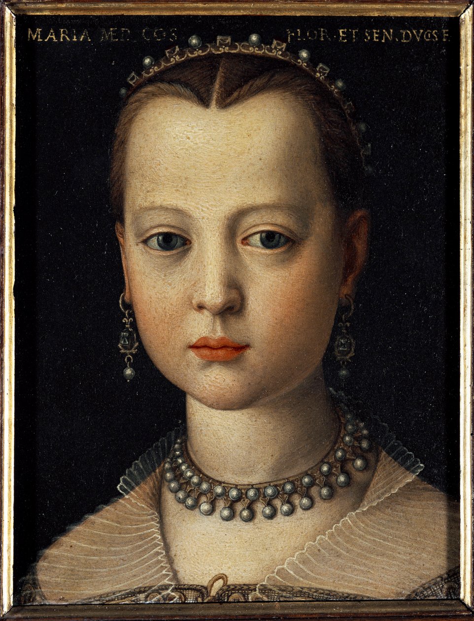 Medici Mária (1540-1557) portréja, I. Toszkánai Cosimo (Cosimo I de Medici) (1519-1574) lánya (Maria de Medici, Cosimo I de Medici, Toszkána nagyherceg lányának portréja) Bronzino (Agnolo) festménye készítette: Cosimo) (1503-1572) 1551 Méret: 15x12 c alkotó: Agnolo Bronzino