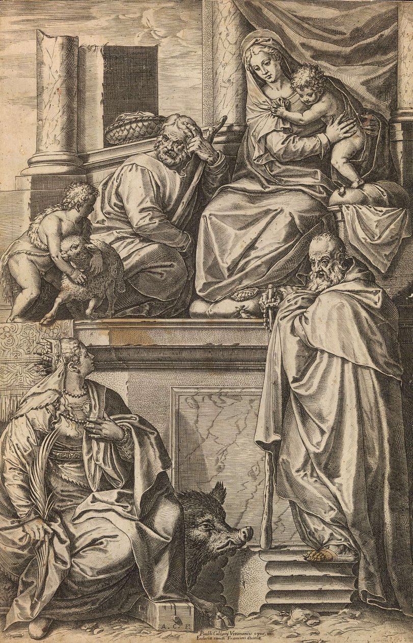 Szent Család Keresztelő Szent Jánossal, Szent Katalinnal és Nagy Szent Antallal alkotó: Agostino Carracci