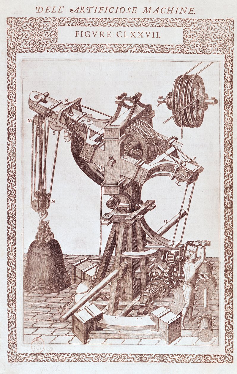 Egy daru, illusztráció Agostino Ramelli „Diverse Imaginary Machines” című művéből, amelyet 1588-ban adtak ki Párizsban (rézlemez-metszet) alkotó: Agostino Ramelli