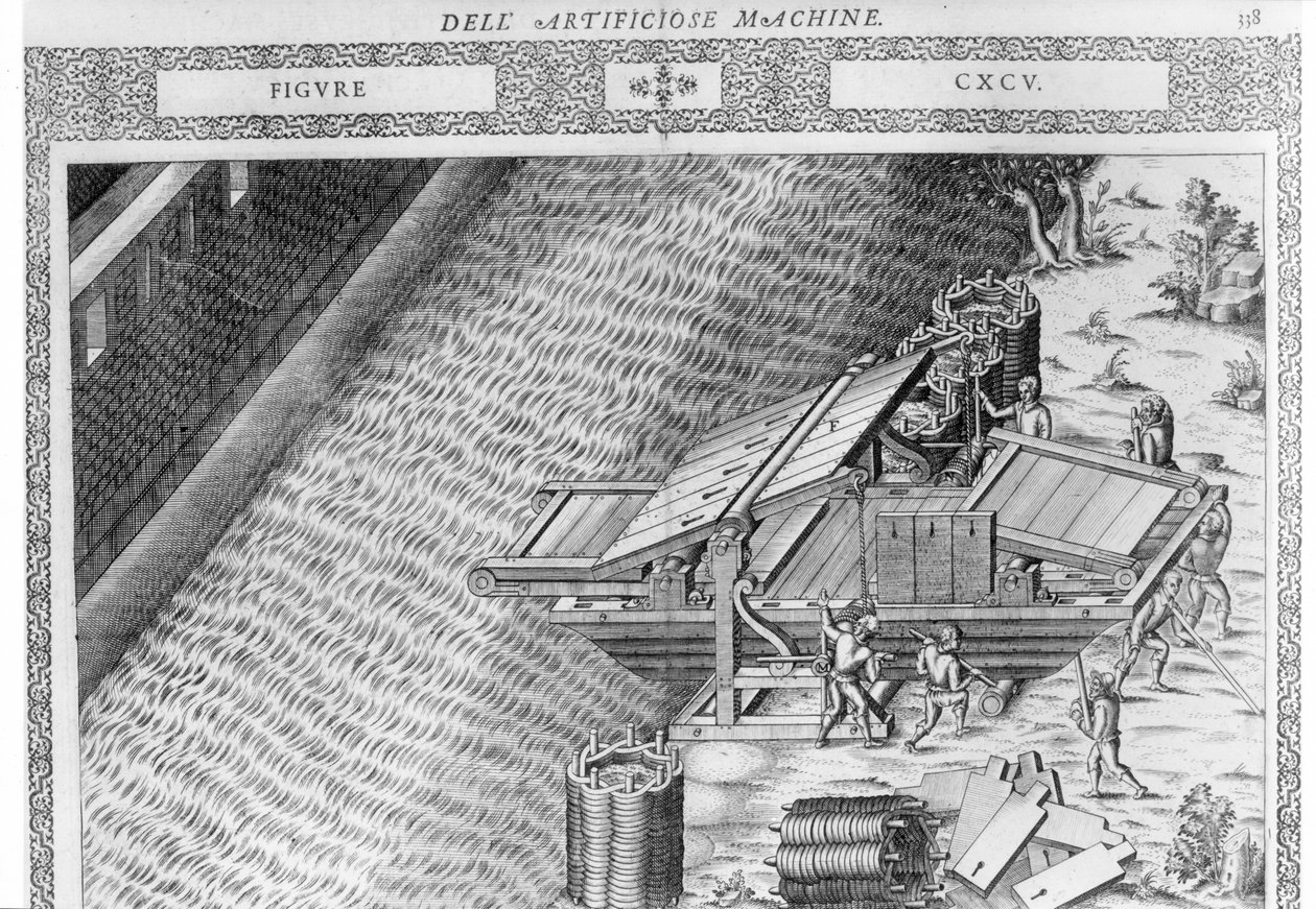 Csónak alakú híd, illusztráció Agostino Ramelli "Diverse Imaginary Machines" című művéből, amelyet 1588-ban adtak ki Párizsban (rézmetszet). alkotó: Agostino Ramelli