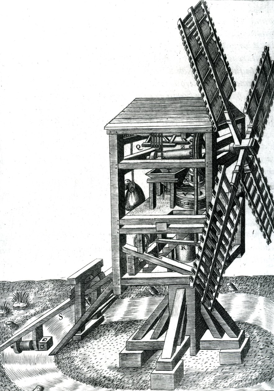 CXXXIII. ábra, szélmalom kormánylapáttal, "Agostino Ramelli kapitány különféle és mesterséges gépei" című, Leonard Gaultier által metszett, 1588-ban kiadott munkájából. alkotó: Agostino Ramelli
