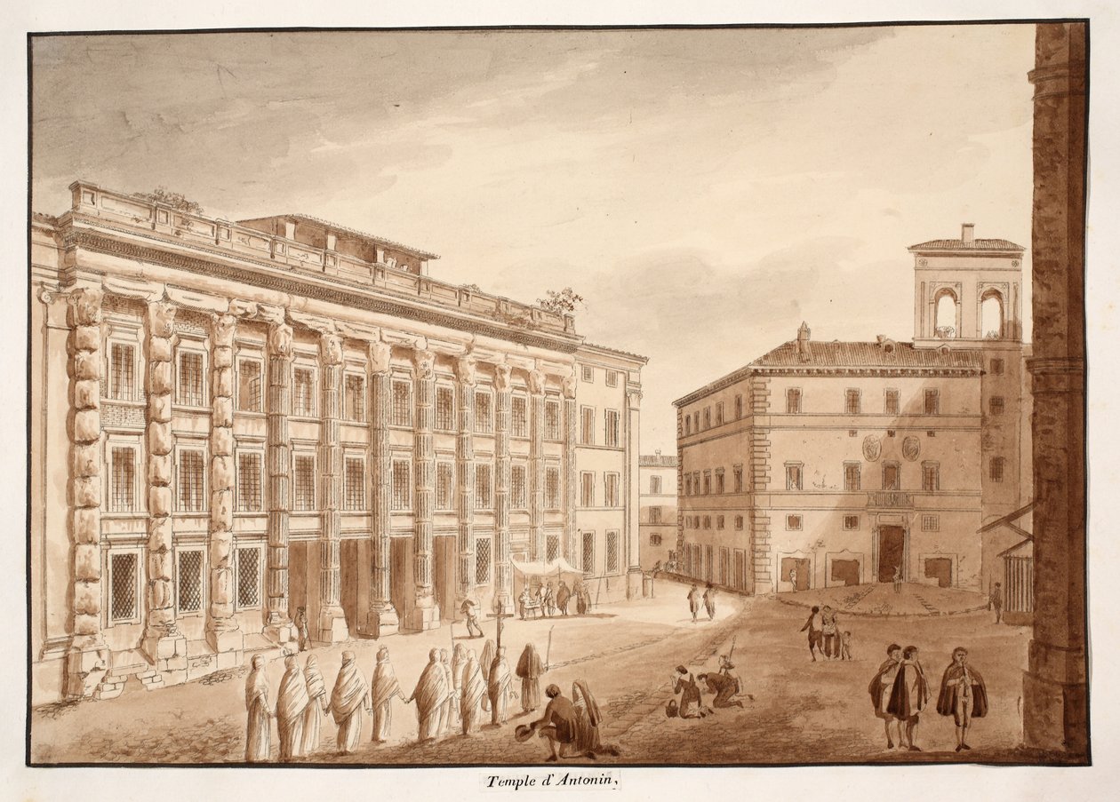 Antonine-templom, 1833 (rézkarc barna mosással) alkotó: Agostino Tofanelli