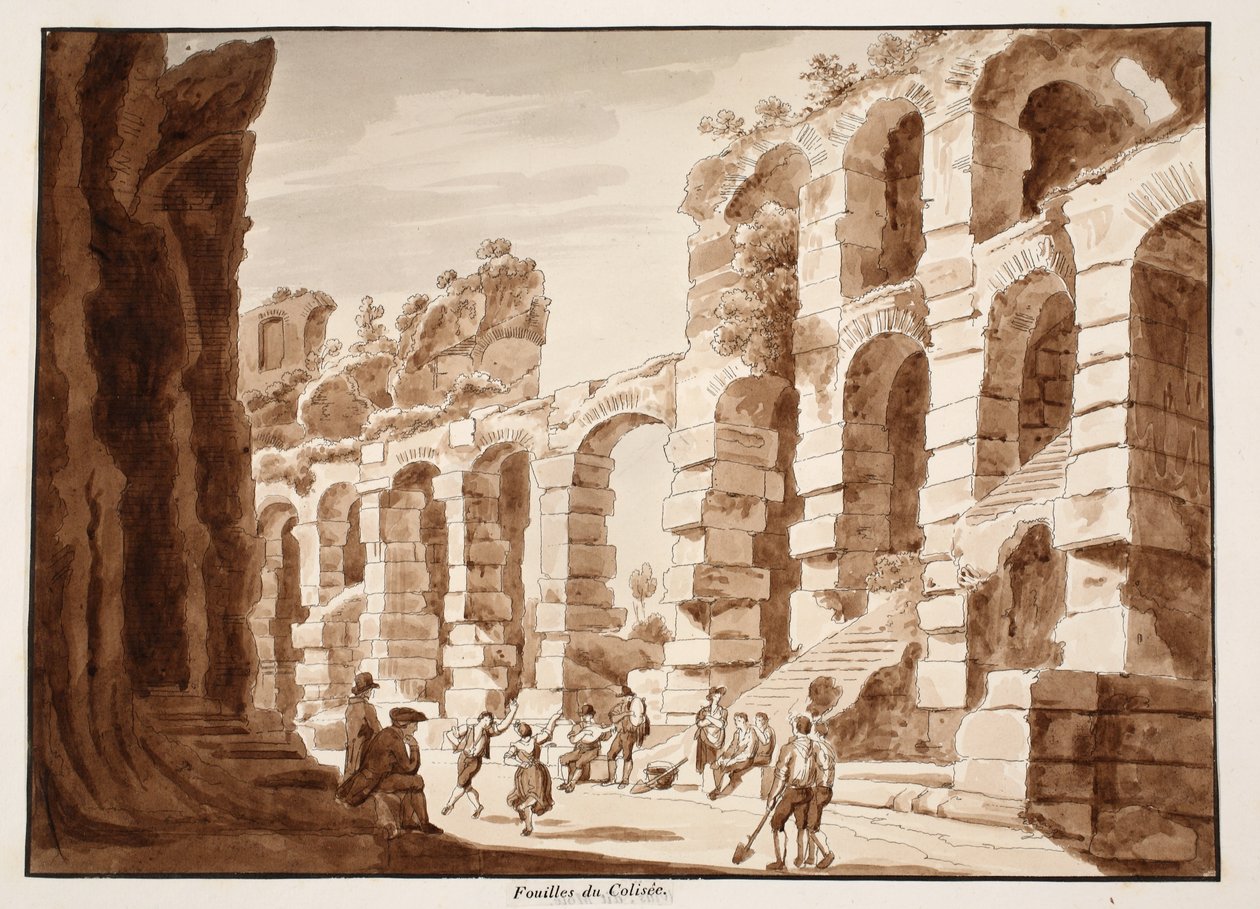 Ásatások a Colosseumban, 1883 (rézkarc barna mosással) alkotó: Agostino Tofanelli