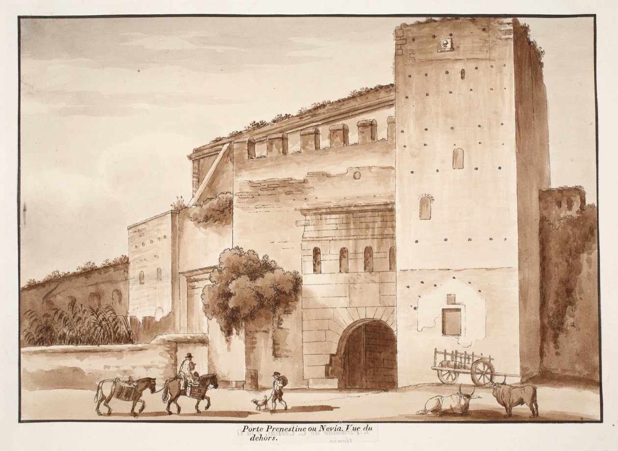 A Porta Prenestina vagy Nevia külső nézete, 1833 (metszet barna mosással) alkotó: Agostino Tofanelli