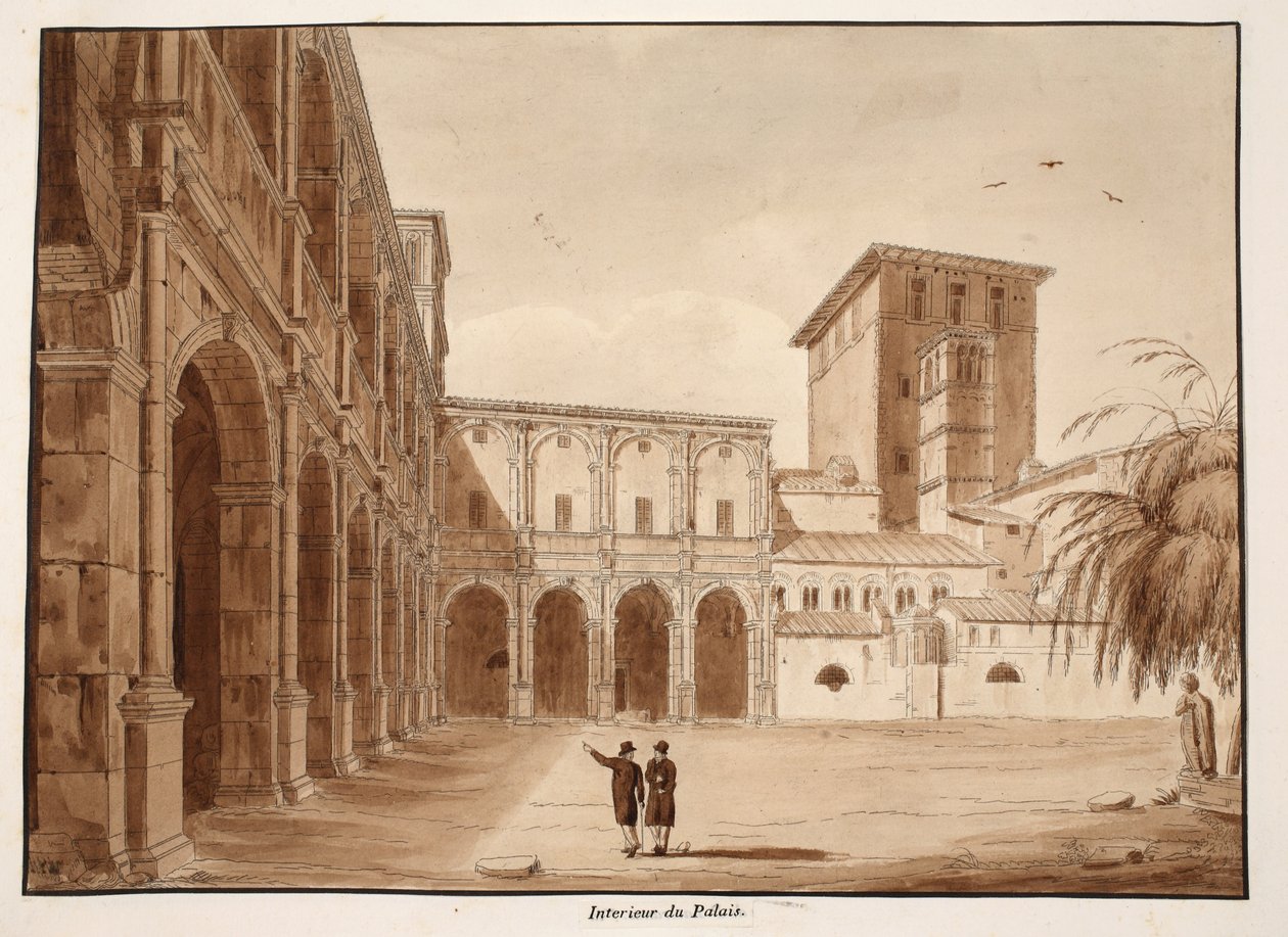 A Palazzo di Venezia belsejében, 1833 (barna mosású rézkarc) alkotó: Agostino Tofanelli