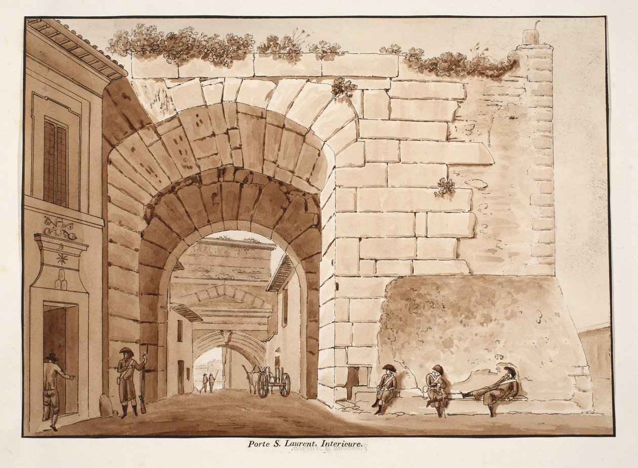 A Porta San Lorenzo belseje, 1833 (rézkarc barna mosással) alkotó: Agostino Tofanelli