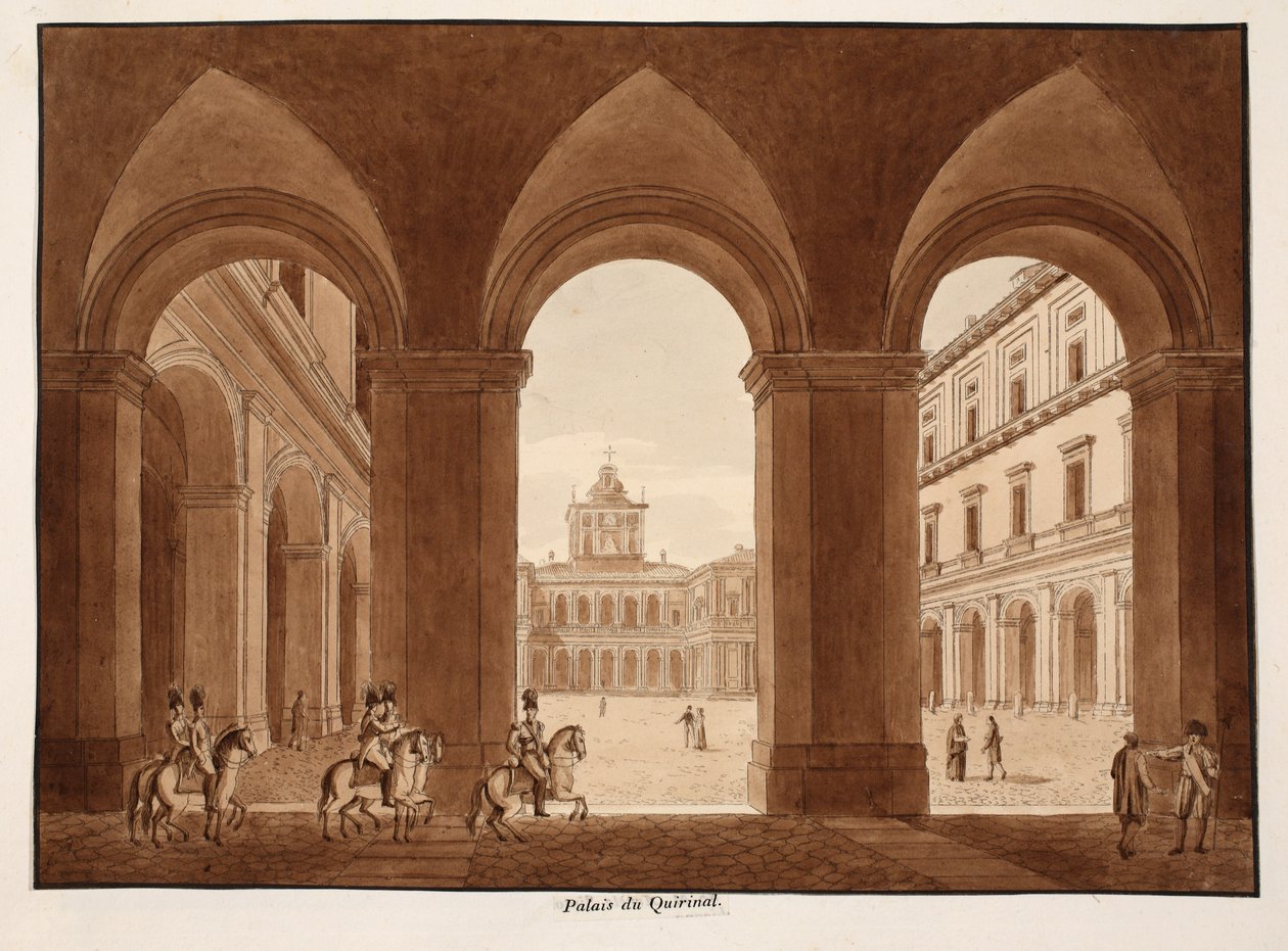 Palazzo del Quirinale, 1833 (metszet barna mosással) alkotó: Agostino Tofanelli