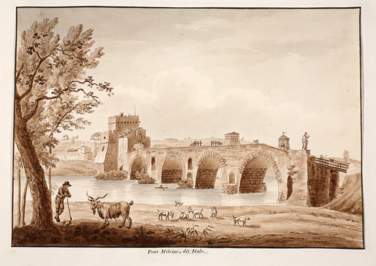 Ponte Milvio, vagy Ponte Molle, 1833 (metszet barna mosással) alkotó: Agostino Tofanelli