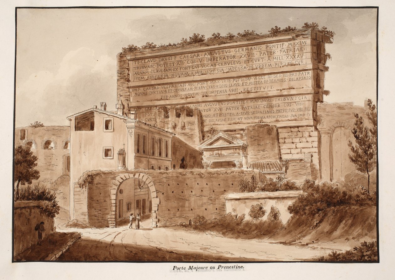 Porta Maggiore vagy Prenestina, 1833 (rézkarc barna mosással) alkotó: Agostino Tofanelli