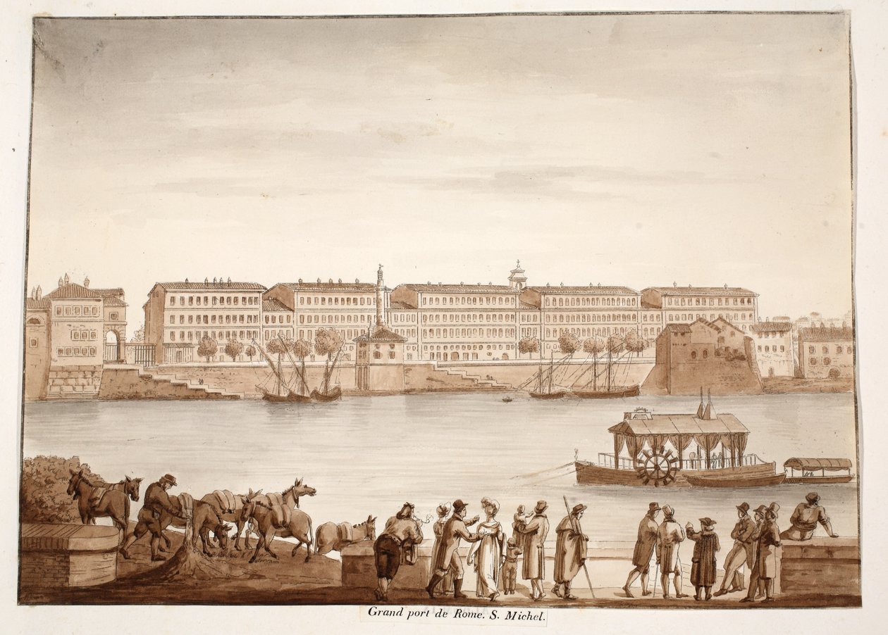 Ripa Grande és Ospizio di S. Michele kikötője, 1833 (rézkarc barna mosással) alkotó: Agostino Tofanelli