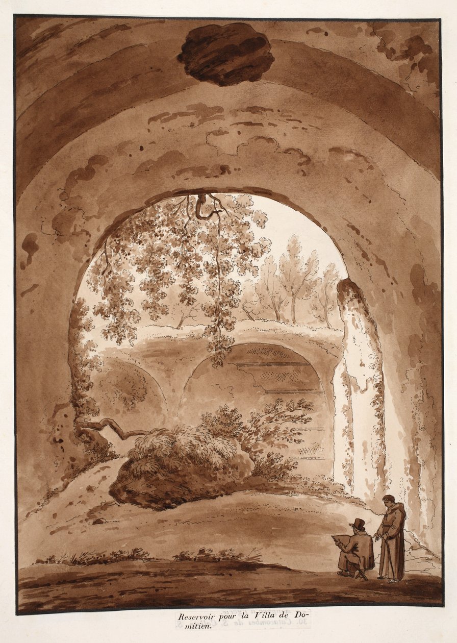 Víztározó Domitianus villájához, 1833 (barna mosással készült rézkarc) alkotó: Agostino Tofanelli
