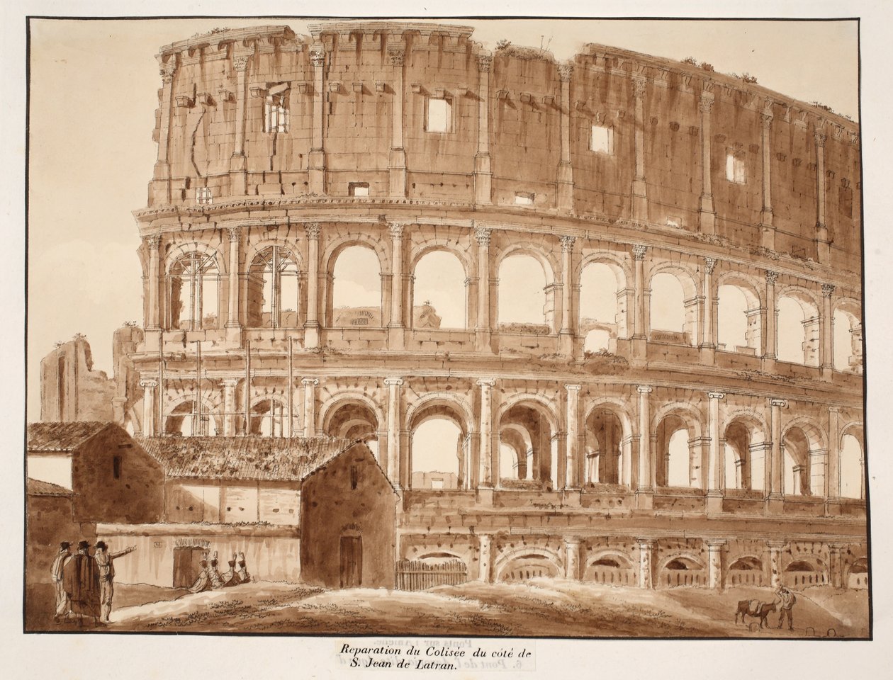 A Colosseum restaurálása Lateráni Szent János oldaláról, 1833 (barna mosással készült rézkarc) alkotó: Agostino Tofanelli