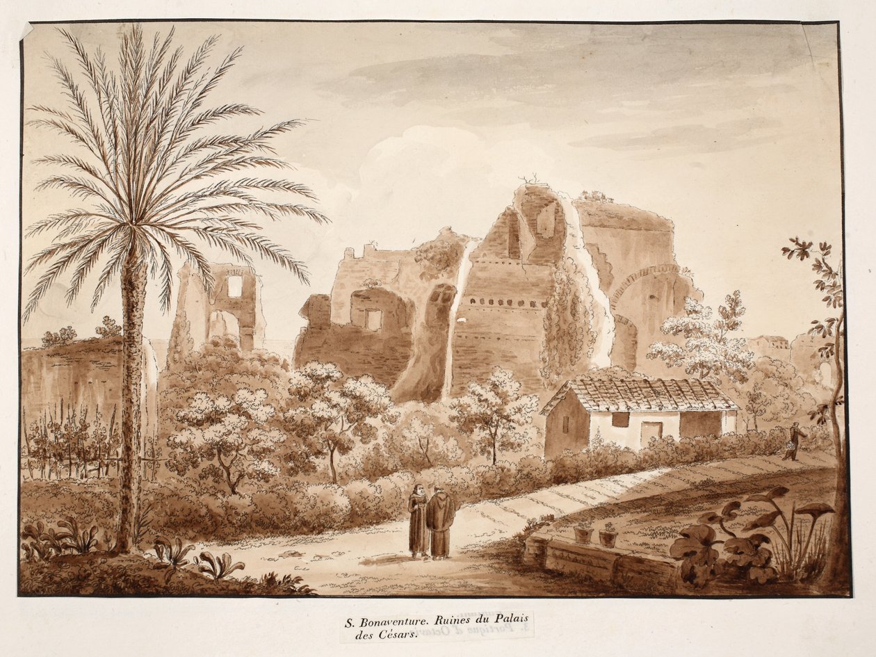 San Bonaventura és a Cézárok Palotájának romjai, 1833 (barna mosással készült rézkarc) alkotó: Agostino Tofanelli