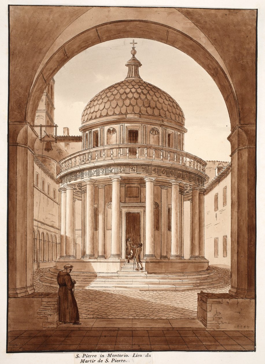 San Pietro in Montorio, Szent Péter vértanúhalálának helye, 1833 (barna mosású rézkarc) alkotó: Agostino Tofanelli