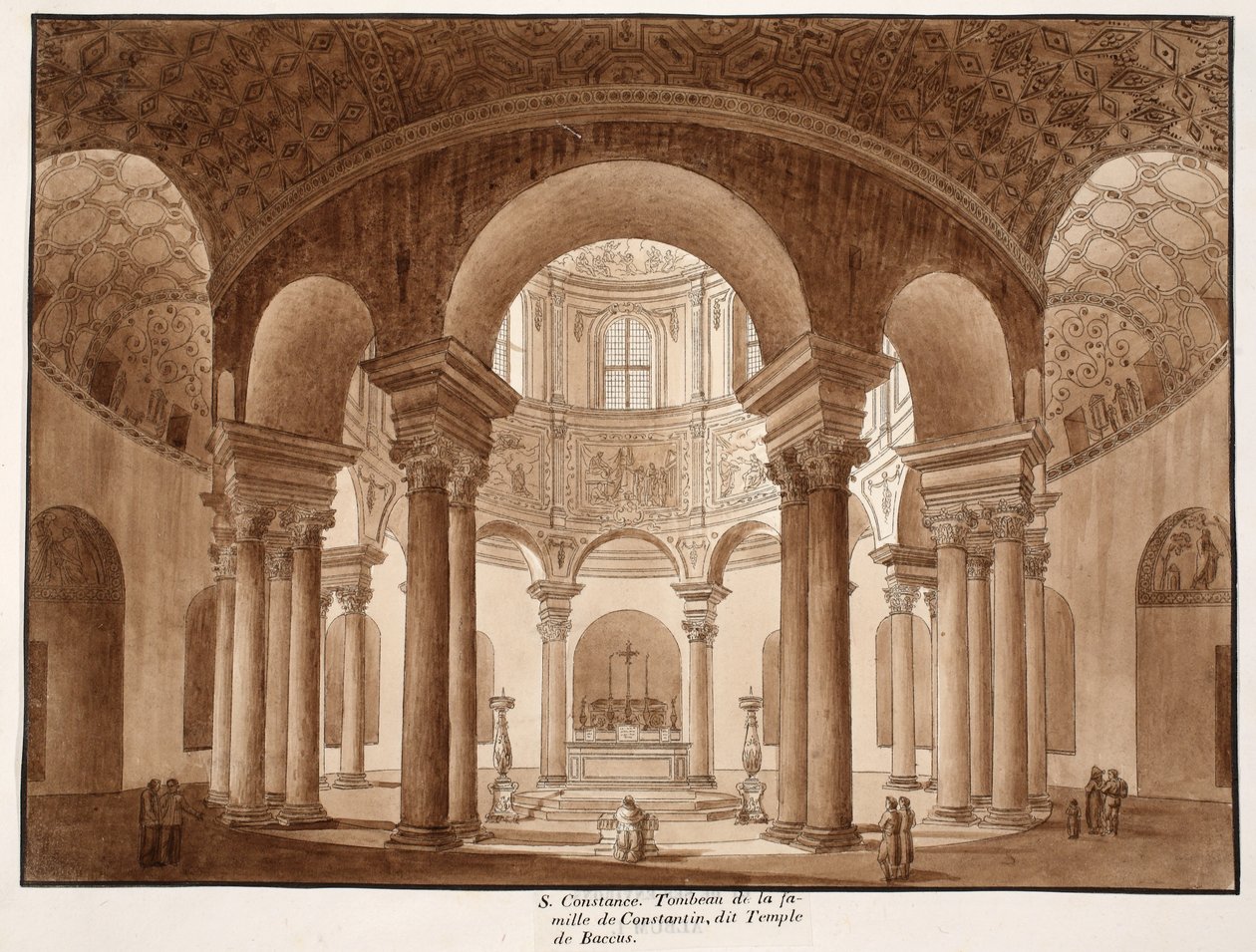 Santa Costanza. Konstantin családi sírja, Bacchus templomának nevezett, 1833-ban (barna mosással maratva) alkotó: Agostino Tofanelli