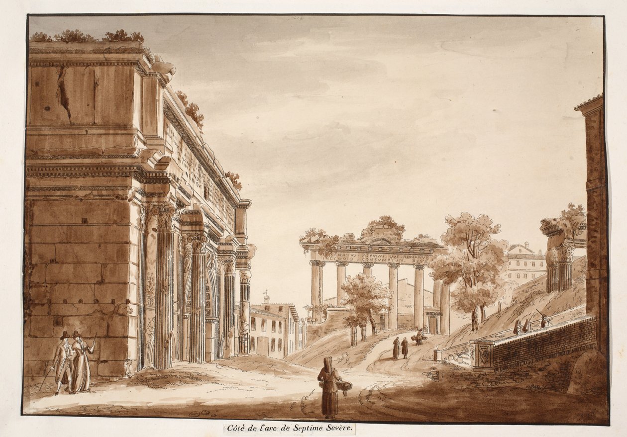 Septimius Severus boltozatának oldalnézetéből, 1833 (metszet barna mosással) alkotó: Agostino Tofanelli