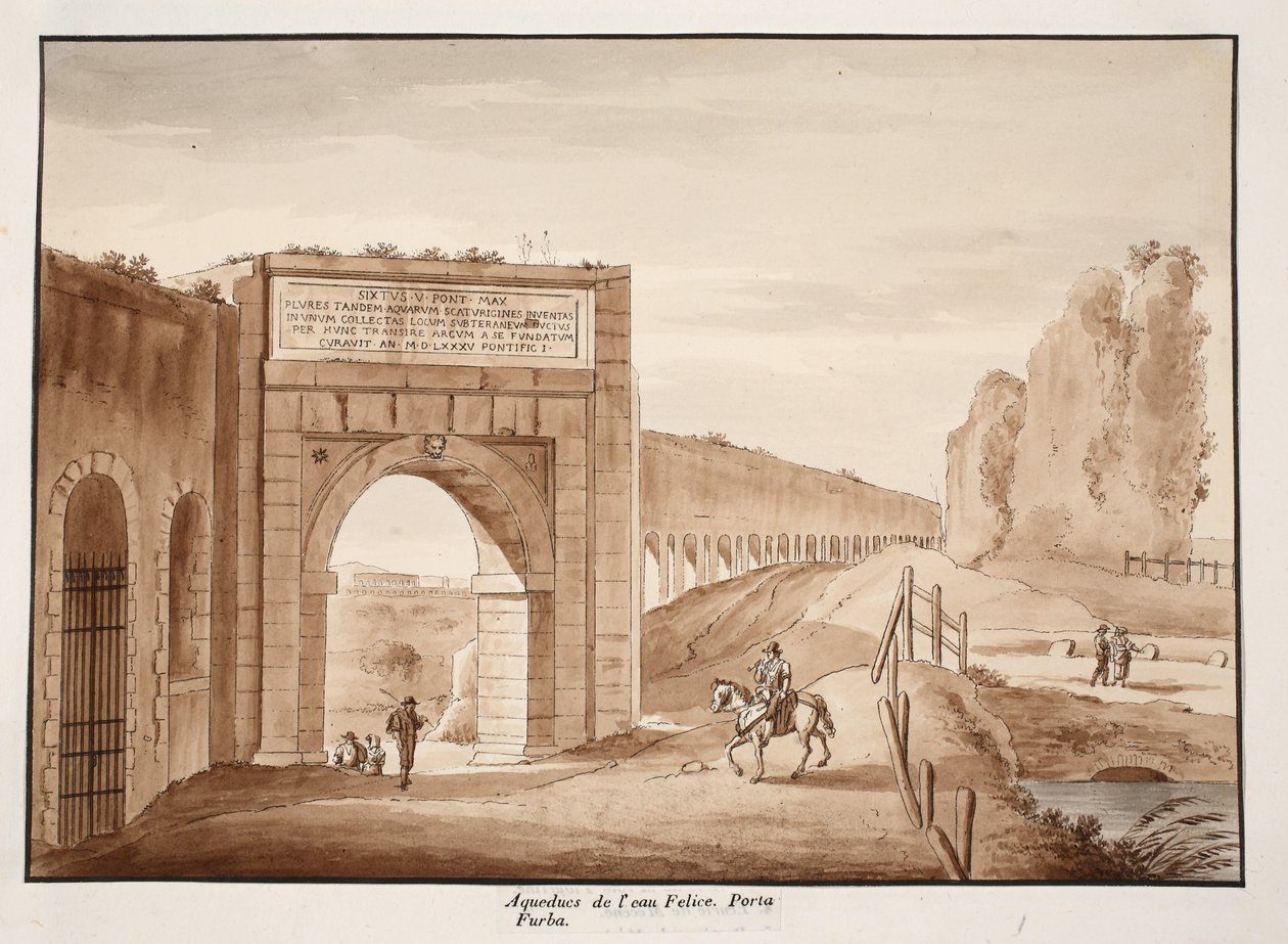 Az Acqua Felice és a Porta Furba, 1833 (metszet barna mosással) alkotó: Agostino Tofanelli