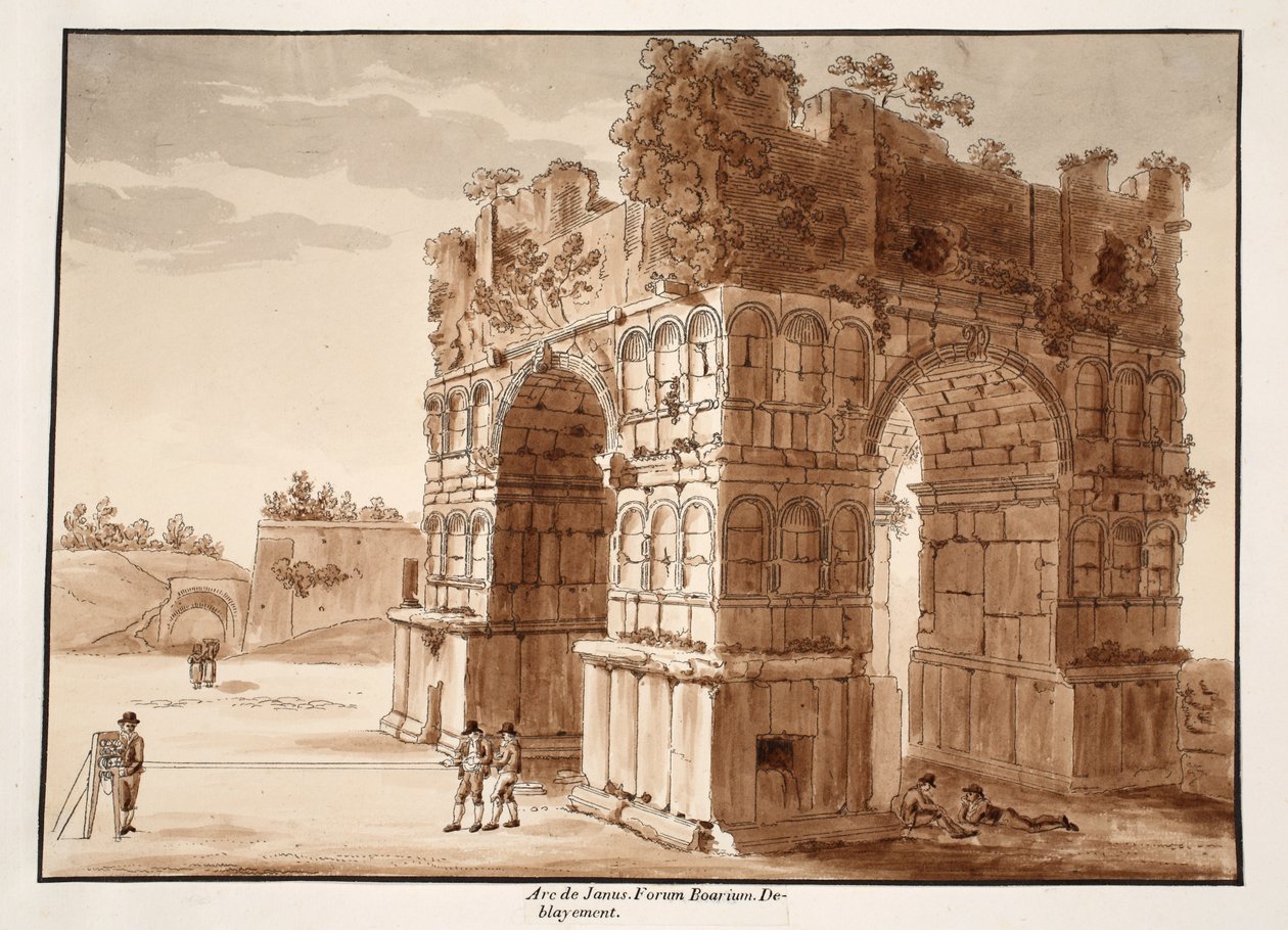 Janus boltíve: A Forum Boarium ásatása, 1833 (metszet barna mosással) alkotó: Agostino Tofanelli