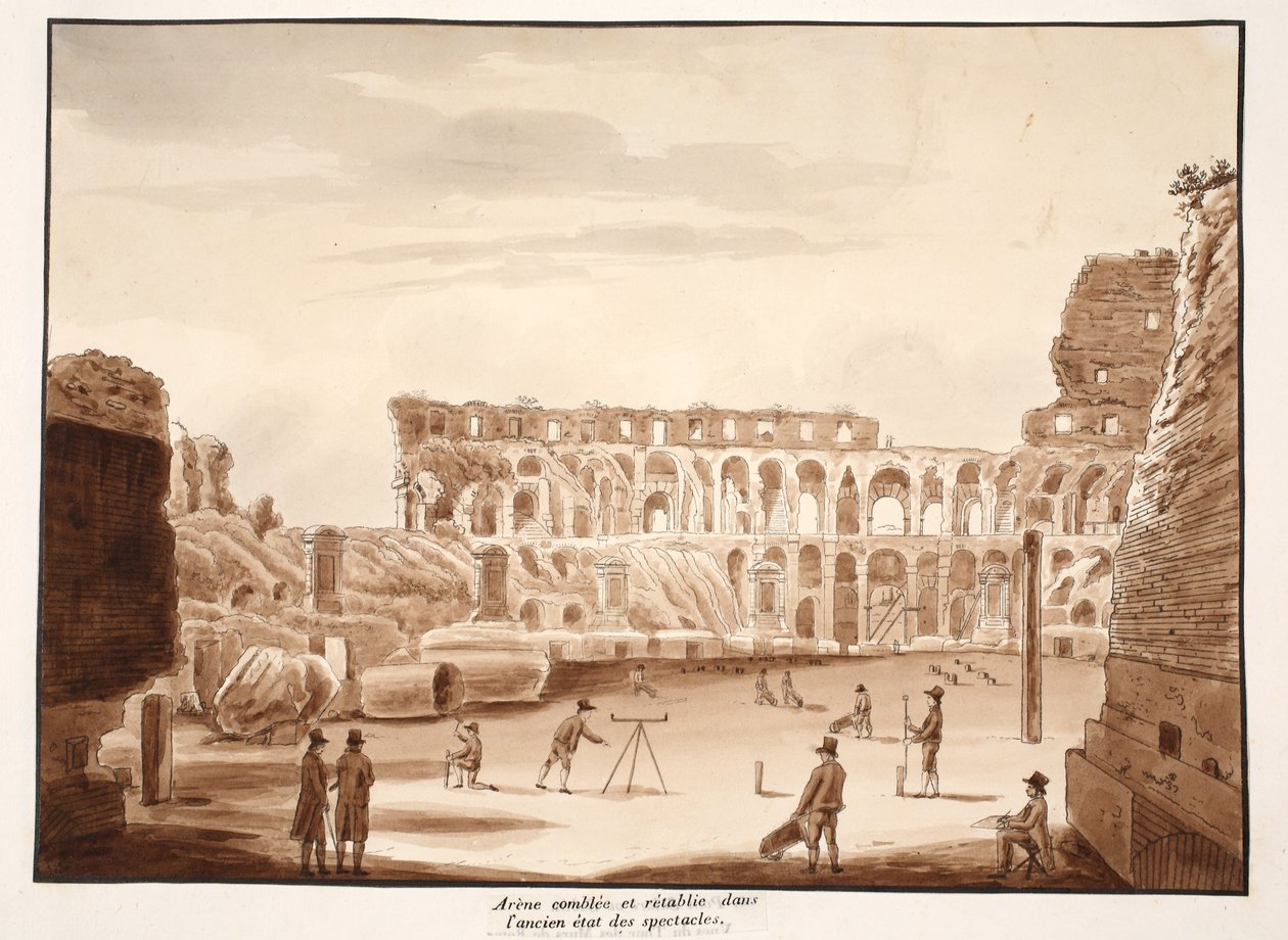 A Colosseum feltöltött és a korábbi állapotába visszaállított arénája, 1833 (metszet barna mosással) alkotó: Agostino Tofanelli
