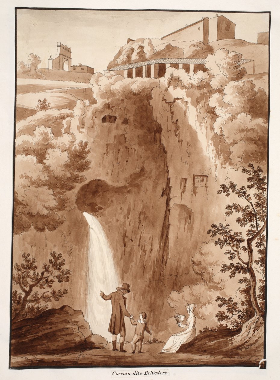 A „Belvedere” kaszkád, 1833 (barna mosású rézkarc) alkotó: Agostino Tofanelli