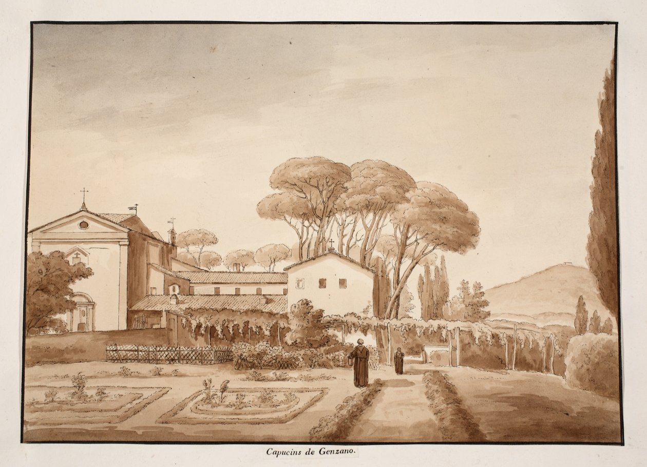 A kapucinus kolostor Genzanóban, 1833 (barna mosással készült rézkarc) alkotó: Agostino Tofanelli