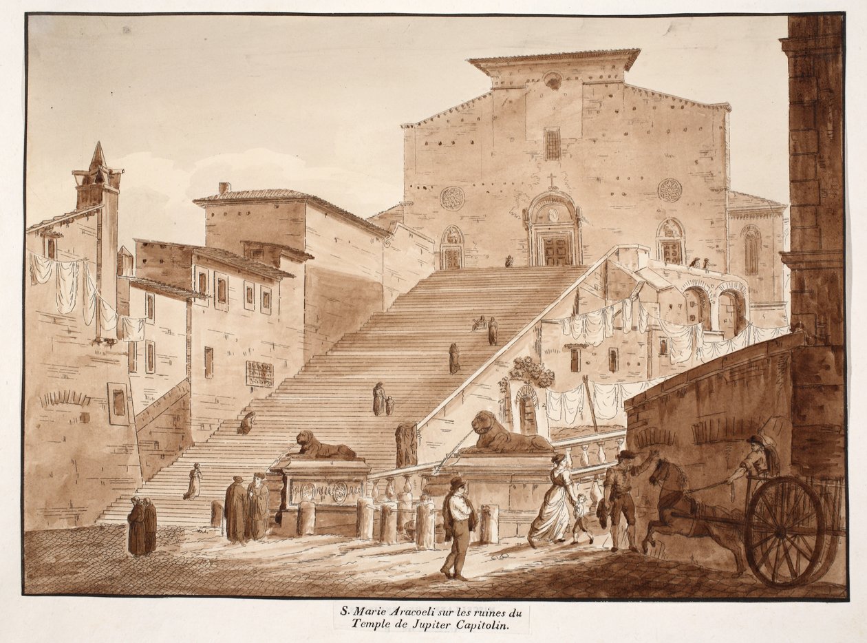 Santa Maria in Aracoeli templom a Capitolium Jupiter-templomának romjain, 1833 (barna mosású rézkarc) alkotó: Agostino Tofanelli
