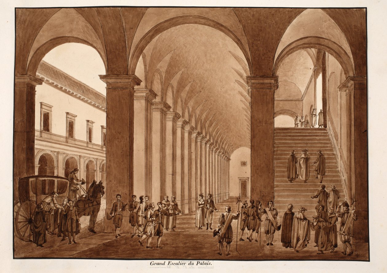 A Palazzo del Quirinale főlépcsője, 1833 (barna mosással készült rézkarc) alkotó: Agostino Tofanelli