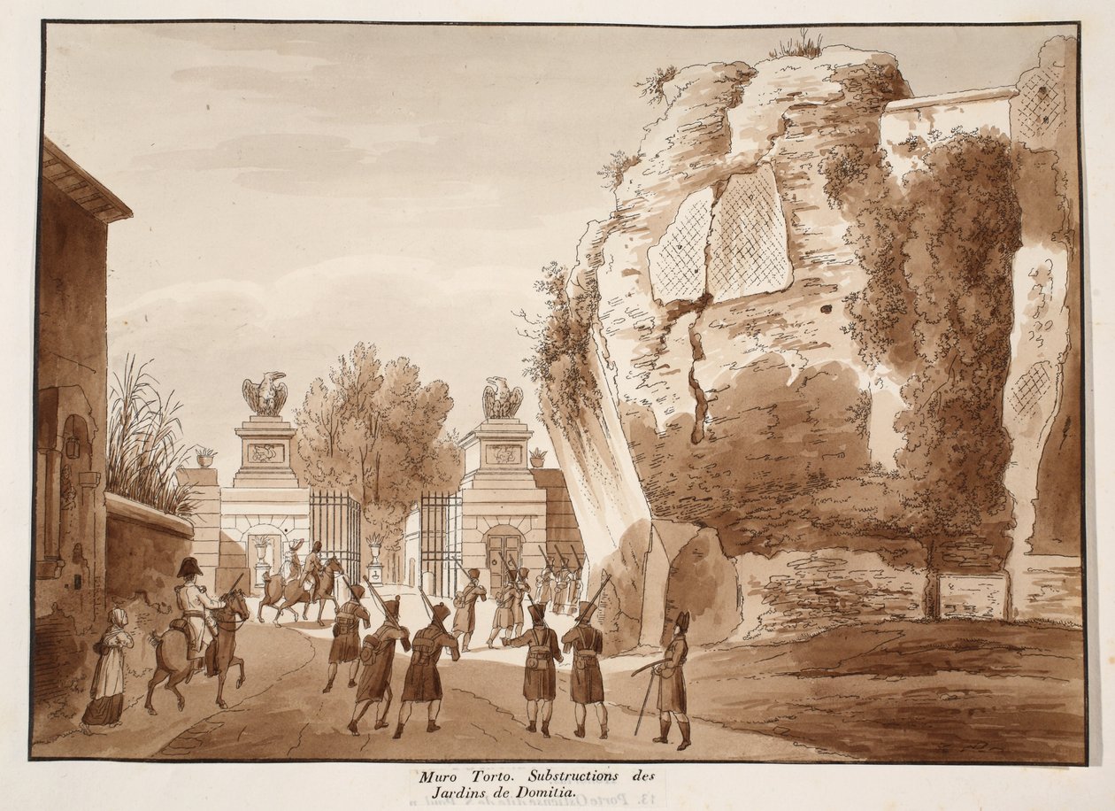 A Muro Torto és a Domitianus-kert alapjai, 1833 (barna mosással készült rézkarc) alkotó: Agostino Tofanelli
