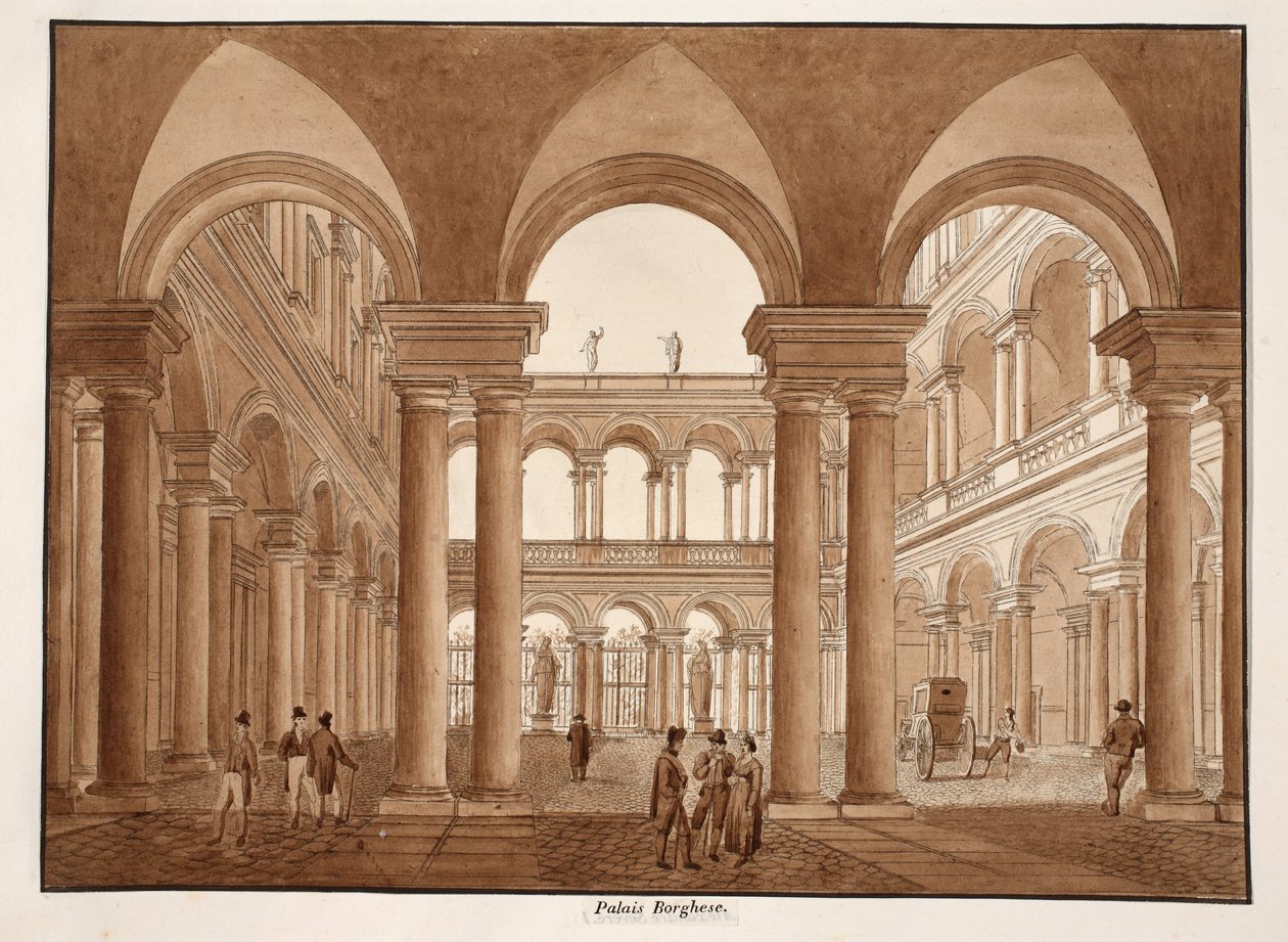 A Palazzo Borghese, 1833 (metszet barna mosással) alkotó: Agostino Tofanelli