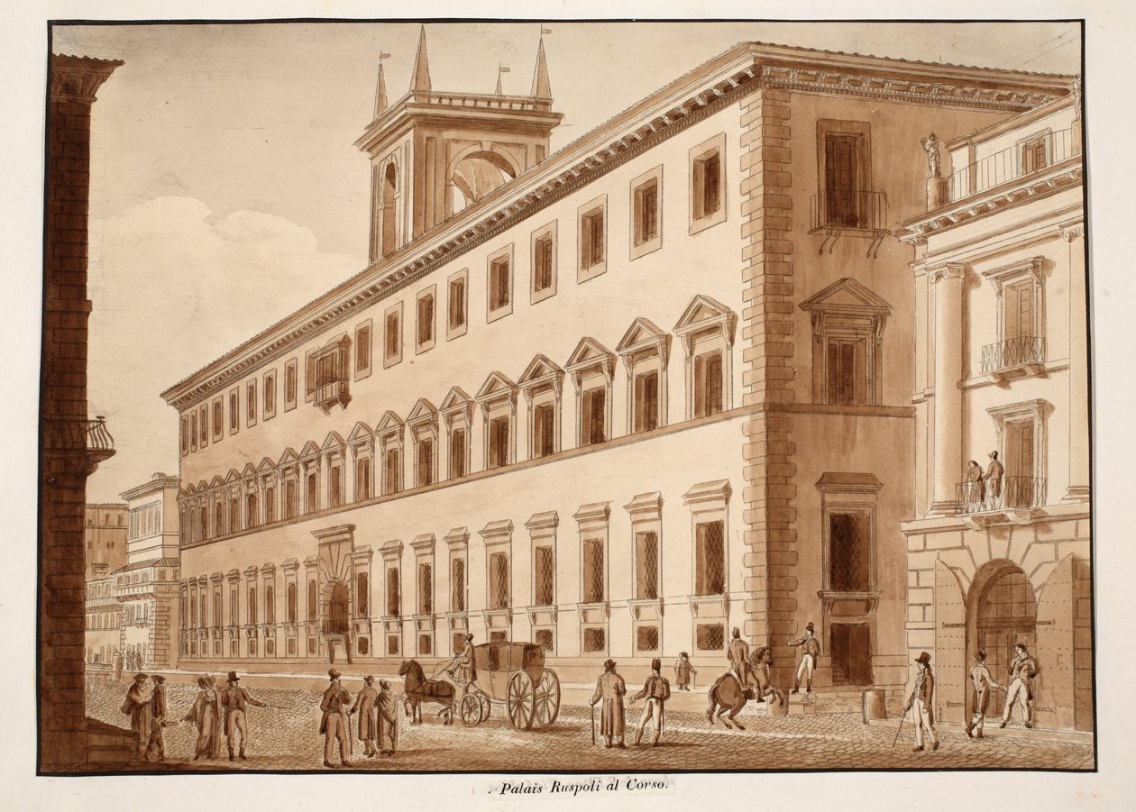 A Palazzo Ruspoli al Corso, 1833 (rézkarc barna mosással) alkotó: Agostino Tofanelli