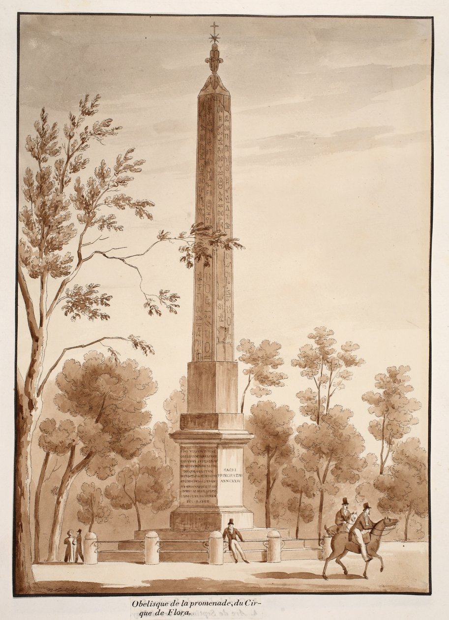 Passeggiata obeliszk, a Flóra Cirkuszából, 1833 (barna mosással készült rézkarc) alkotó: Agostino Tofanelli