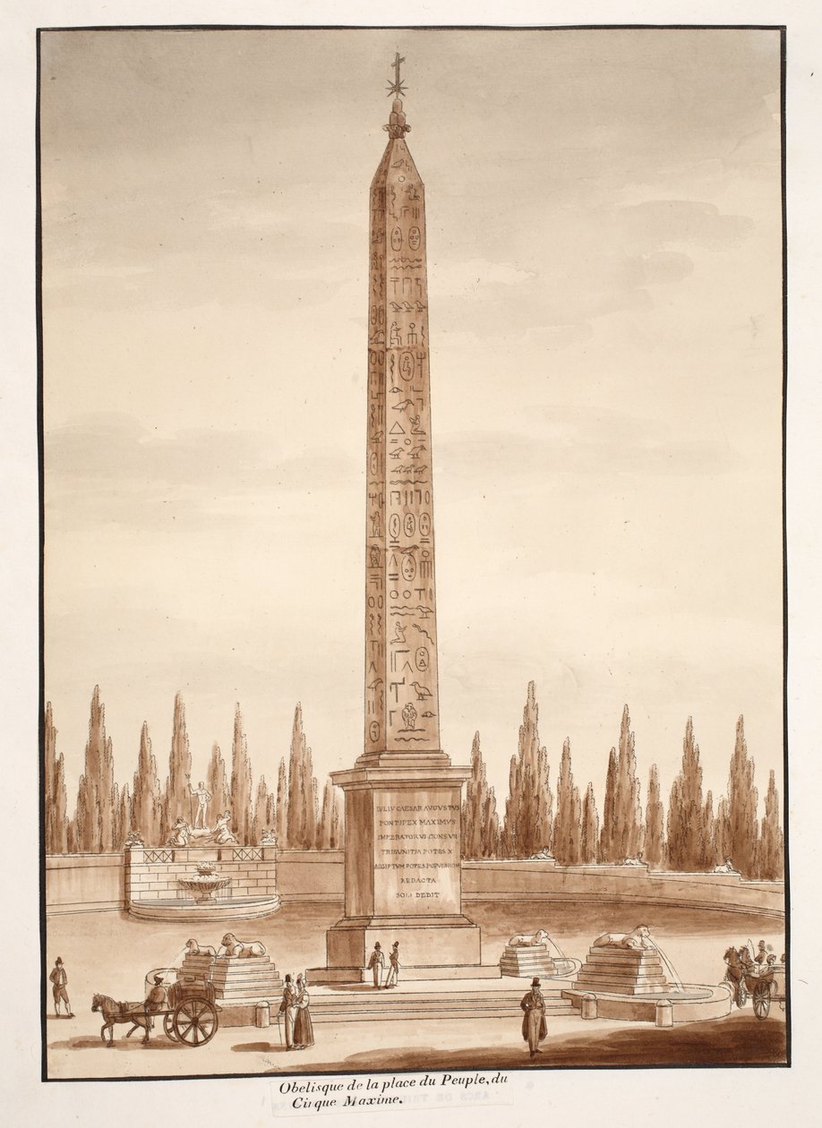 A Piazza del Popolo obeliszk a Circus Maximusról, 1833 (metszet barna mosással) alkotó: Agostino Tofanelli