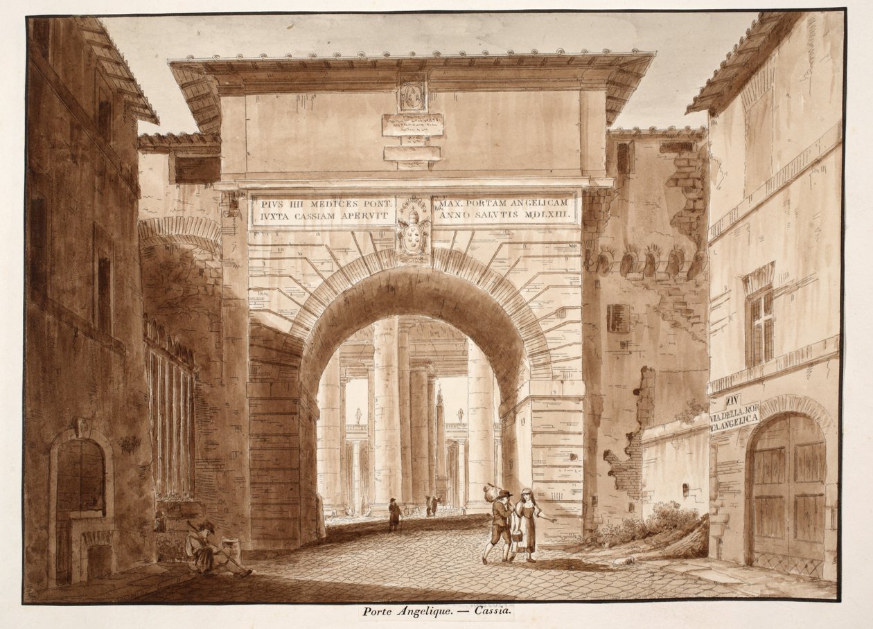 A Porta Angelica – Cassia, 1833 (barna mosással készült rézkarc) alkotó: Agostino Tofanelli