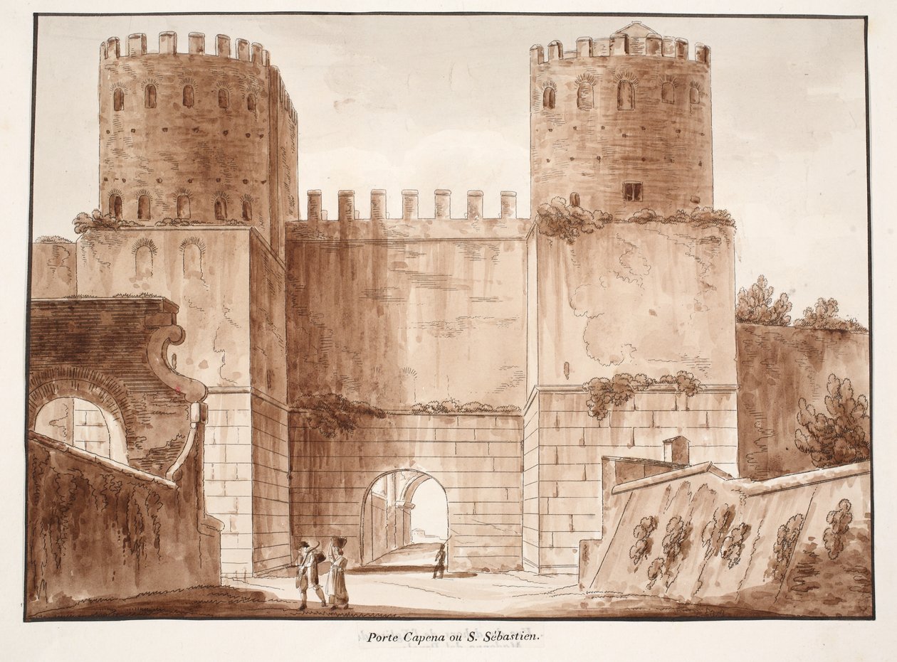 A Porta Capena vagy a Porta San Sebastiano, 1833 (barna mosással készült rézkarc) alkotó: Agostino Tofanelli