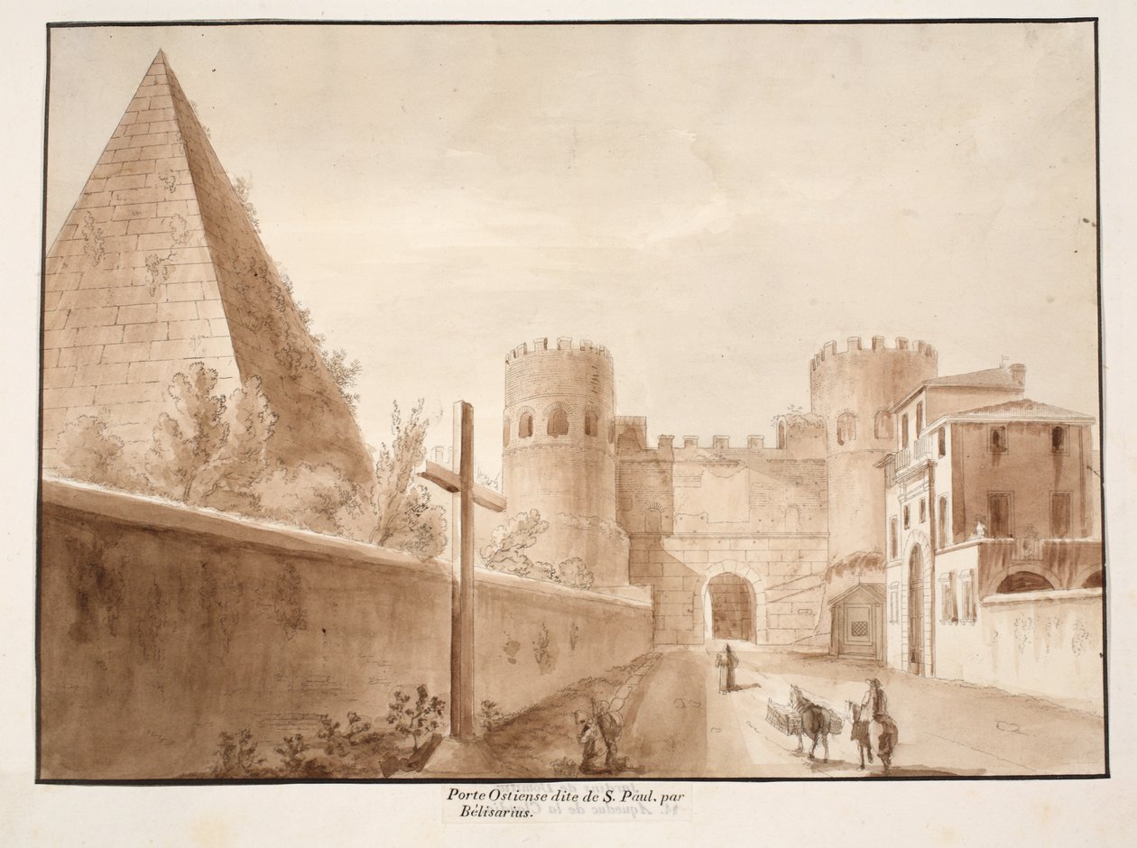A Porta Ostiensis vagy San Paolo, amelyet Belisarius épített, 1833 (barna mosással maratva) alkotó: Agostino Tofanelli