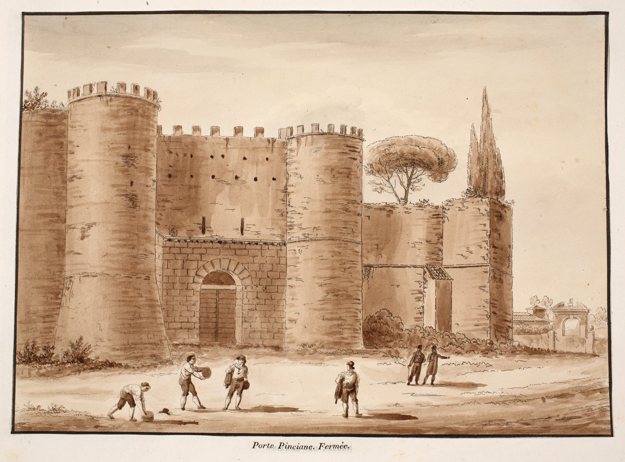A Porta Pinciana, zárva, 1833 (rézkarc barna mosással) alkotó: Agostino Tofanelli